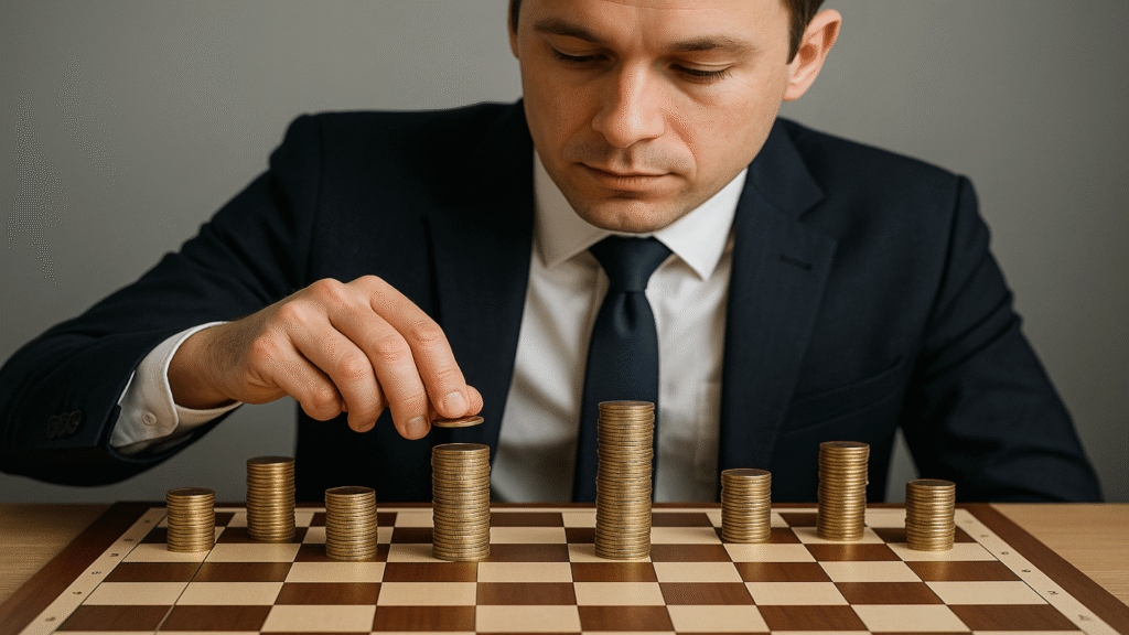 A businessperson playing chess with coins.