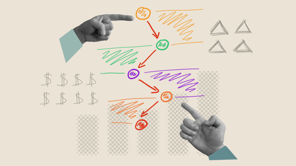 Concept of marketing funnel or customer journey map with hands and scheme