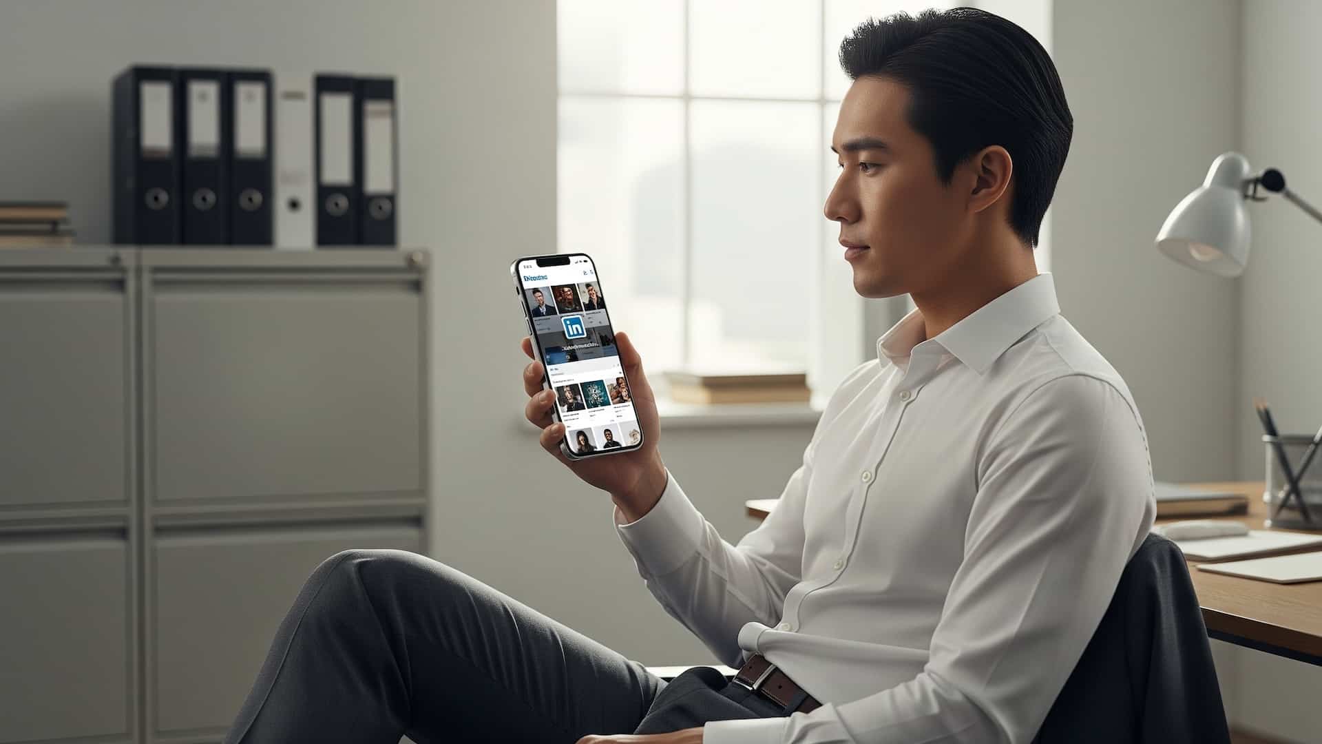 A business professional watching vertical video content on a large smartphone screen, set against a modern office background.