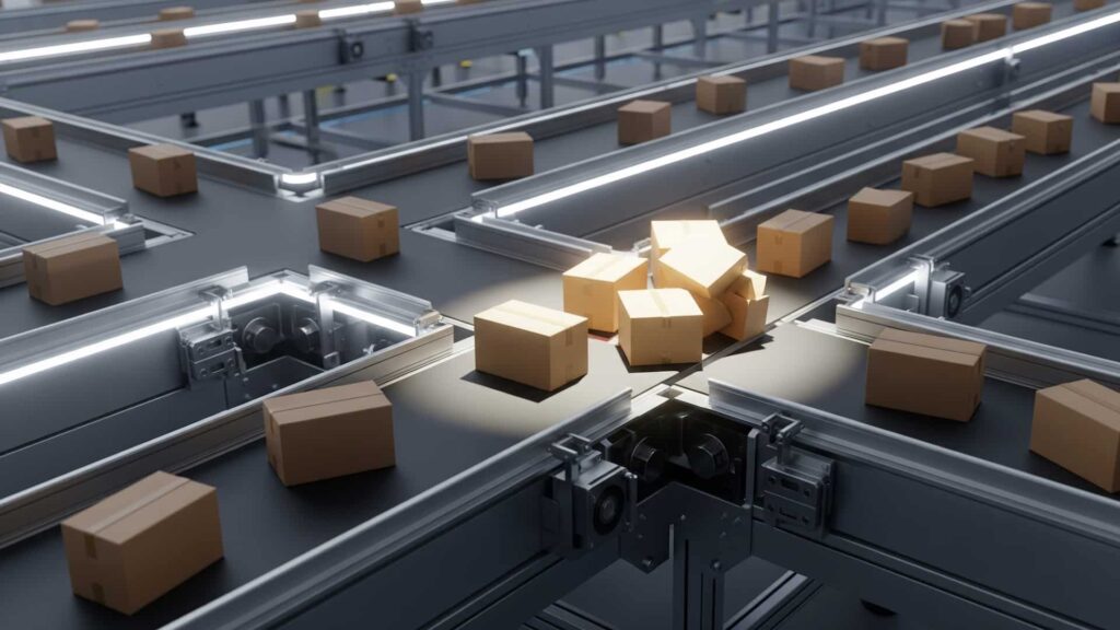 A polished, modern factory conveyor belt system with boxes jammed at a single point, while other sections flow smoothly.