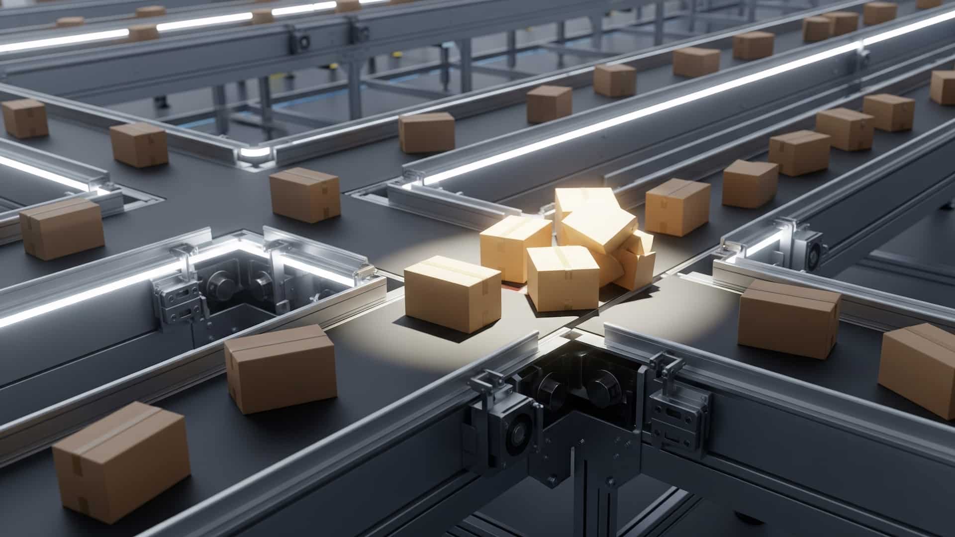A polished, modern factory conveyor belt system with boxes jammed at a single point, while other sections flow smoothly.