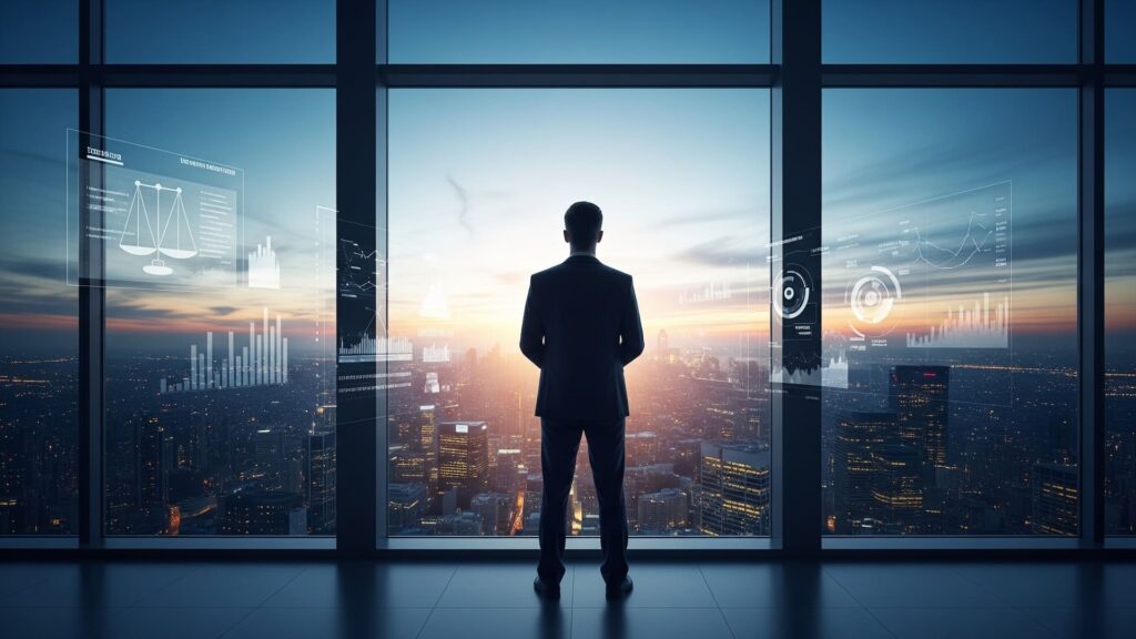 A lone executive standing at a glass wall in a modern high-rise office, looking out over a city skyline at dusk.
