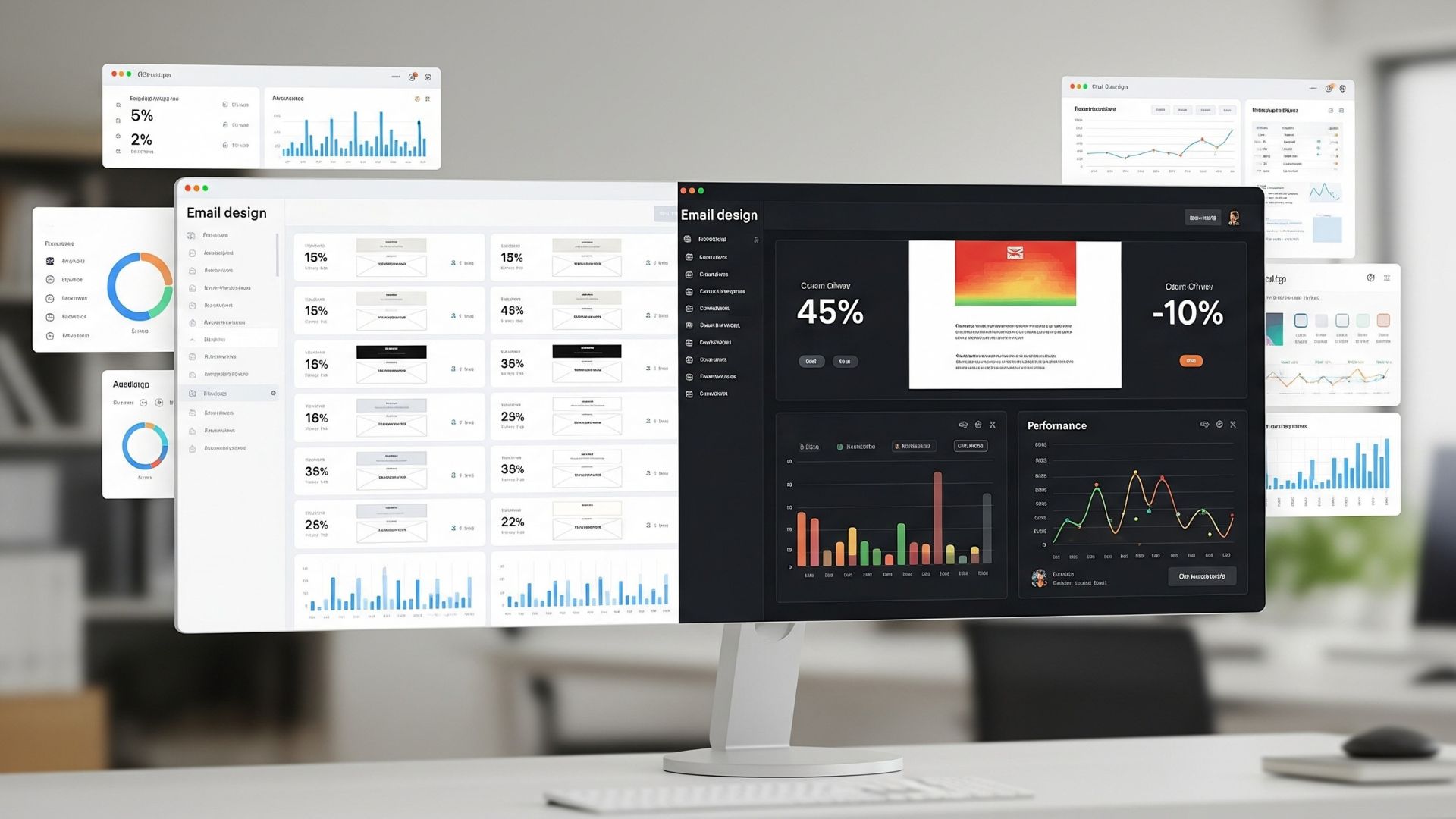 A photorealistic digital workspace with two large email campaign dashboards side by side on a screen