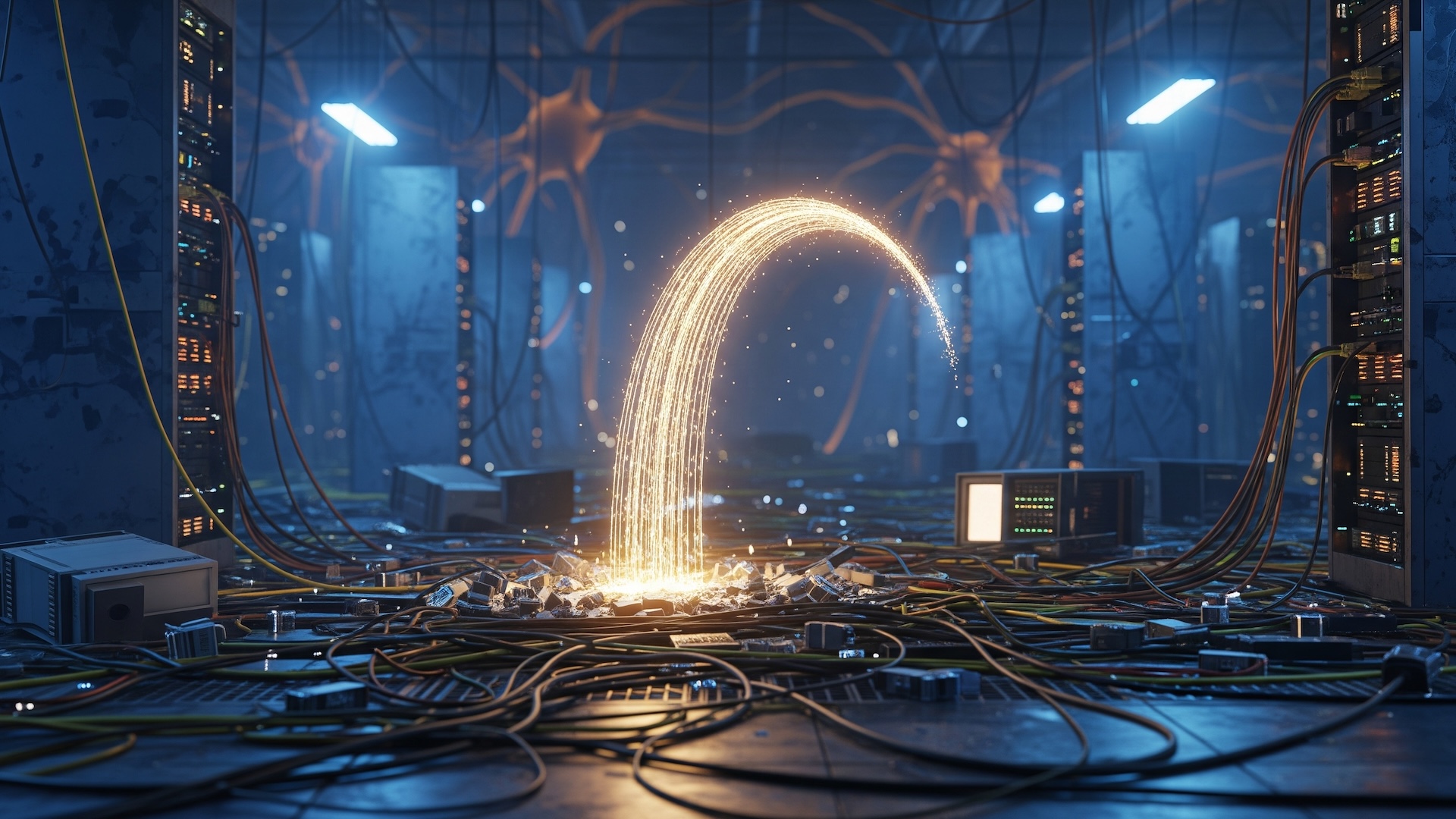 A photorealistic concept art of a cluttered data center floor filled with tangled cables, old electronics, and glowing debris