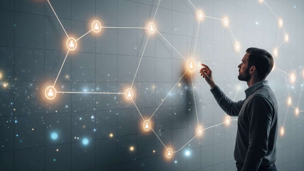 A solitary figure stands in front of a large, softly glowing wall of interconnected touchpoints