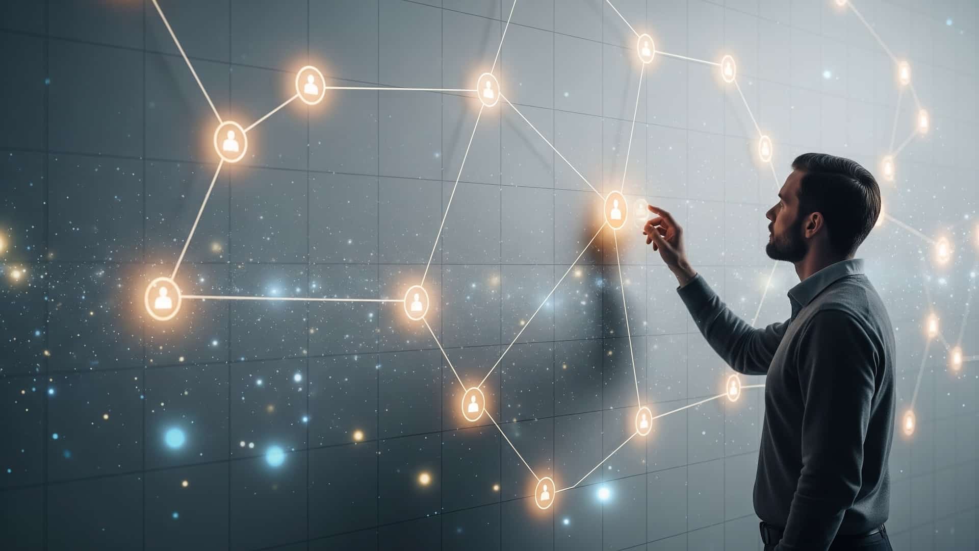 A solitary figure stands in front of a large, softly glowing wall of interconnected touchpoints