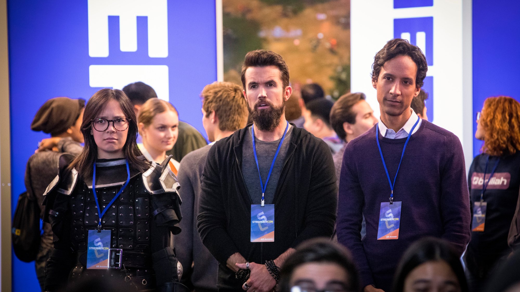 Charlotte Nicdao, Rob McElhenney. and Danny Pudi in “Mythic Quest."