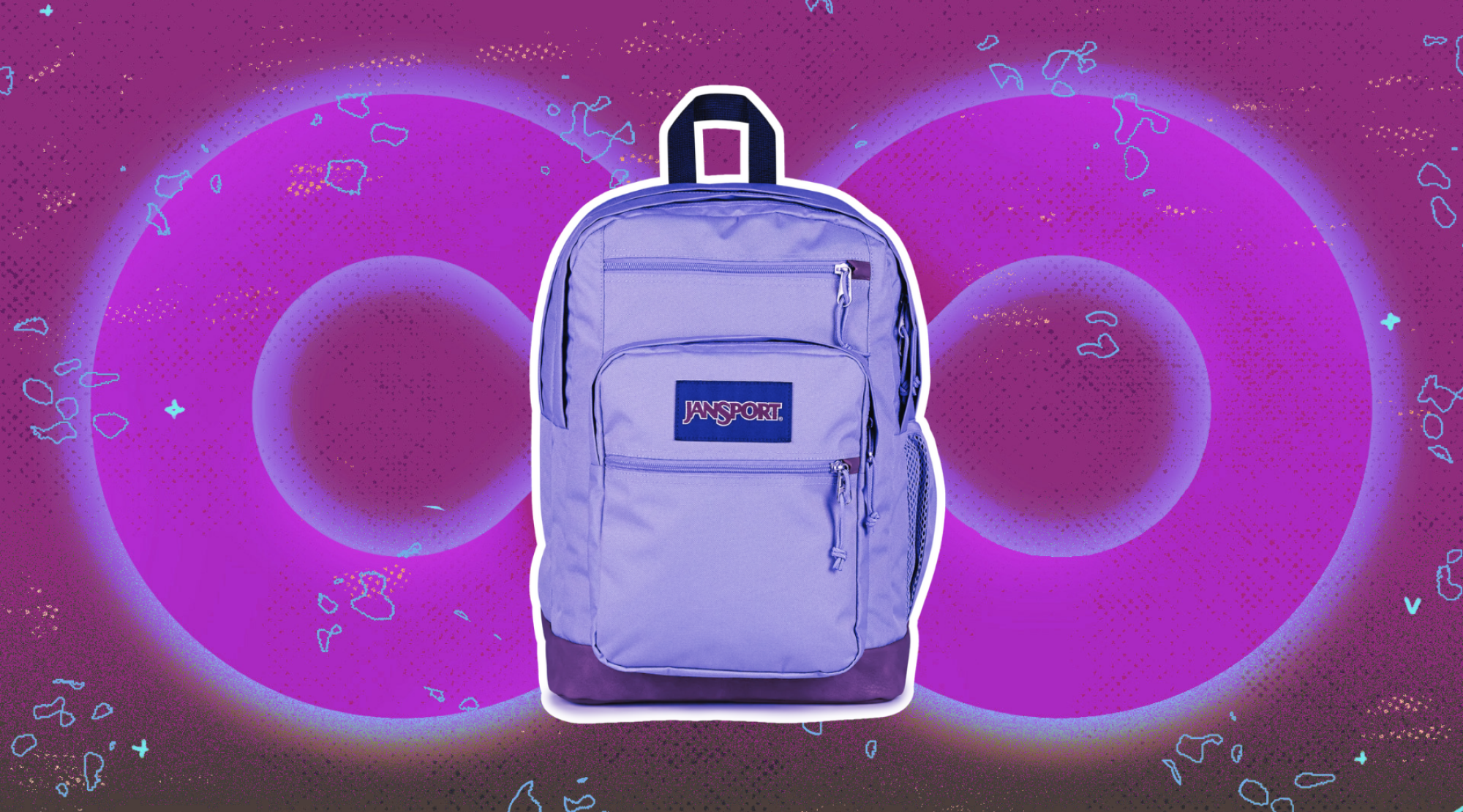 Purple JanSport backpack arranged on purple backdrop featuring infinity symbol