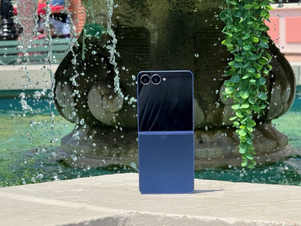 samsung galaxy z fold 7 on the edge of a fountain