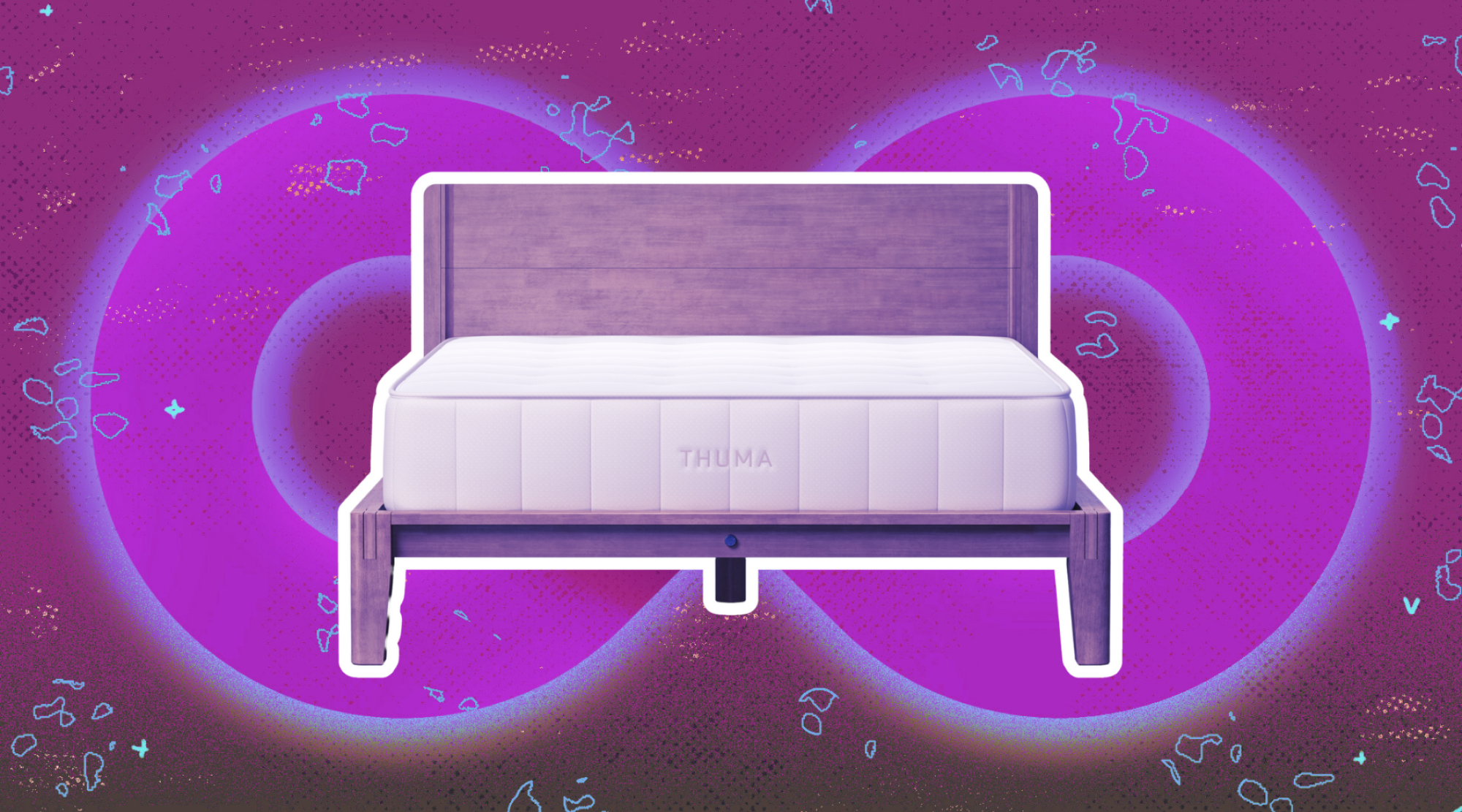 Thuma bed frame and mattress arranged on purple backdrop featuring infinity symbol