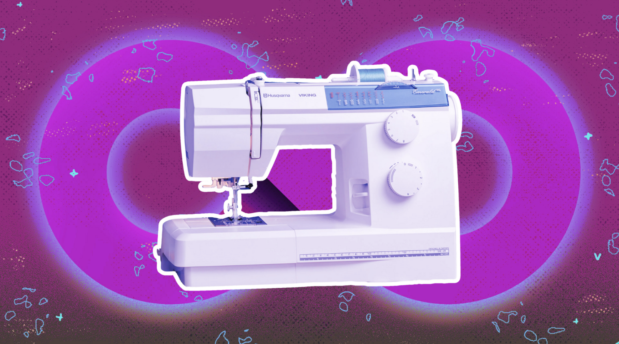 Husqvarna Viking Emerald sewing machine arranged on purple backdrop featuring infinity symbol