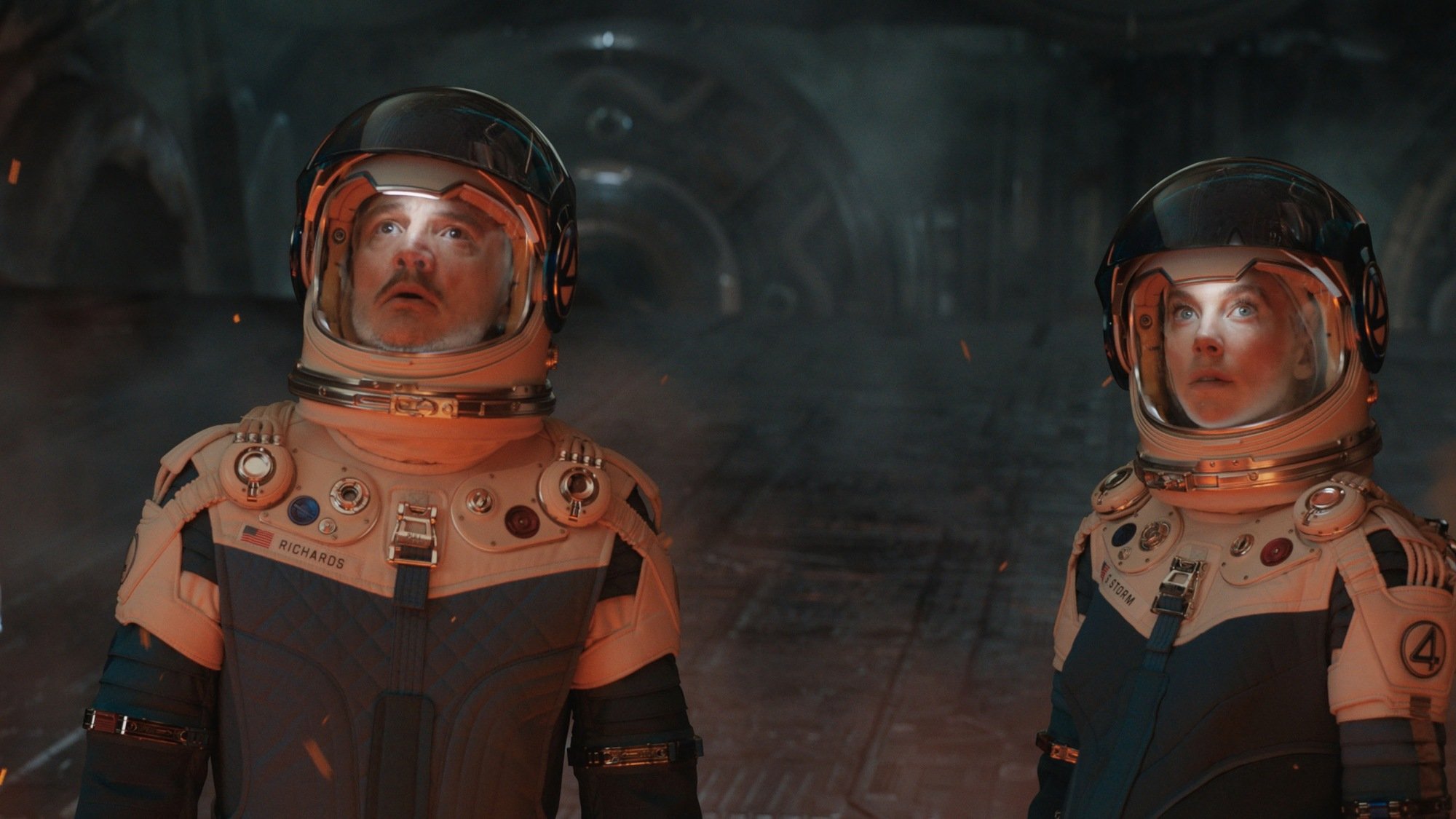 Pedro Pascal as Reed Richards/Mister Fantastic and Vanessa Kirby as Sue Storm/Invisible Woman in "The Fantastic Four: First Steps."