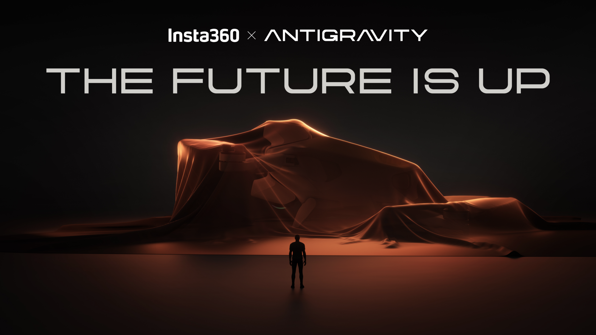 An illustration of a giant drone covered in a semitransparent sheet, with a person standing in front of it. Text above it reads: "Insta360 x Antigravity. The future is up."