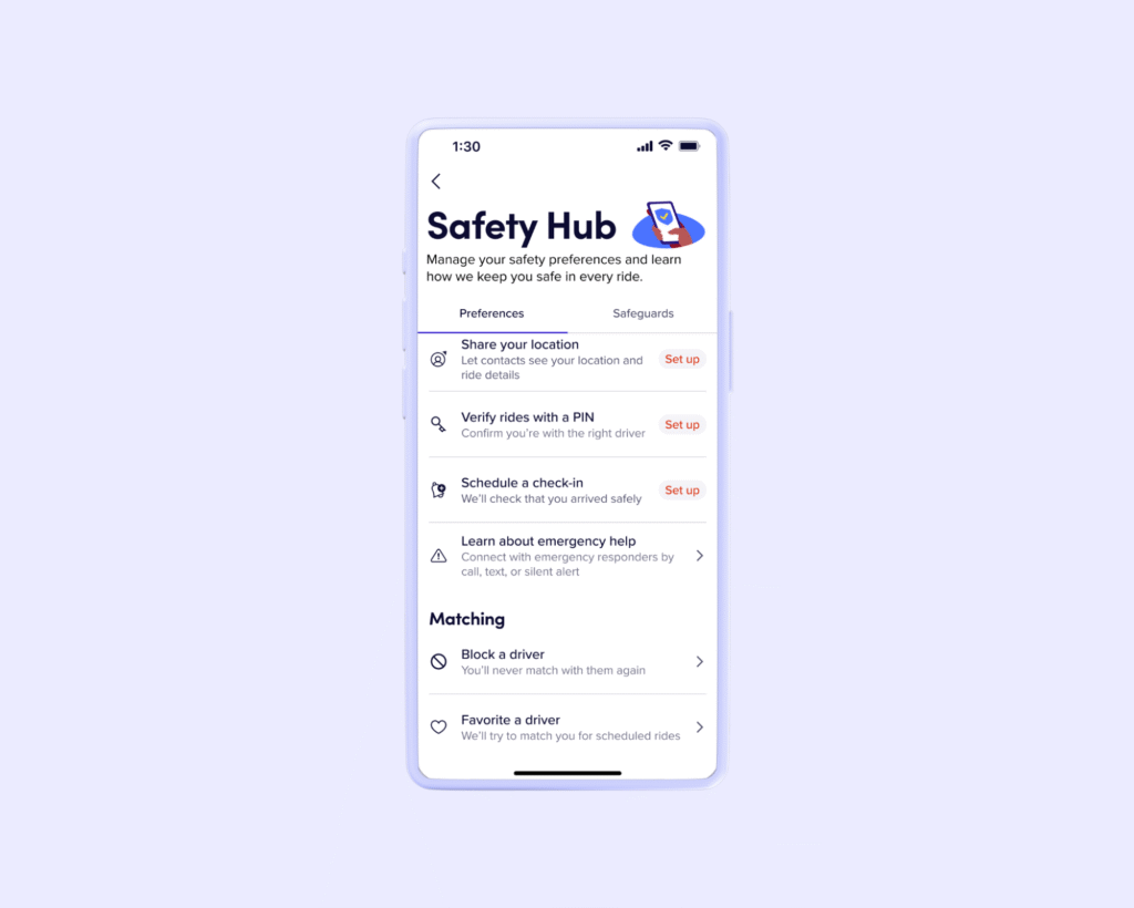 Two phone screens. One shows a completed Lyft ride with rating and tip options, as well as a new option to favorite a rider at the bottom. The second shows a phone notification that a driver accepted the user