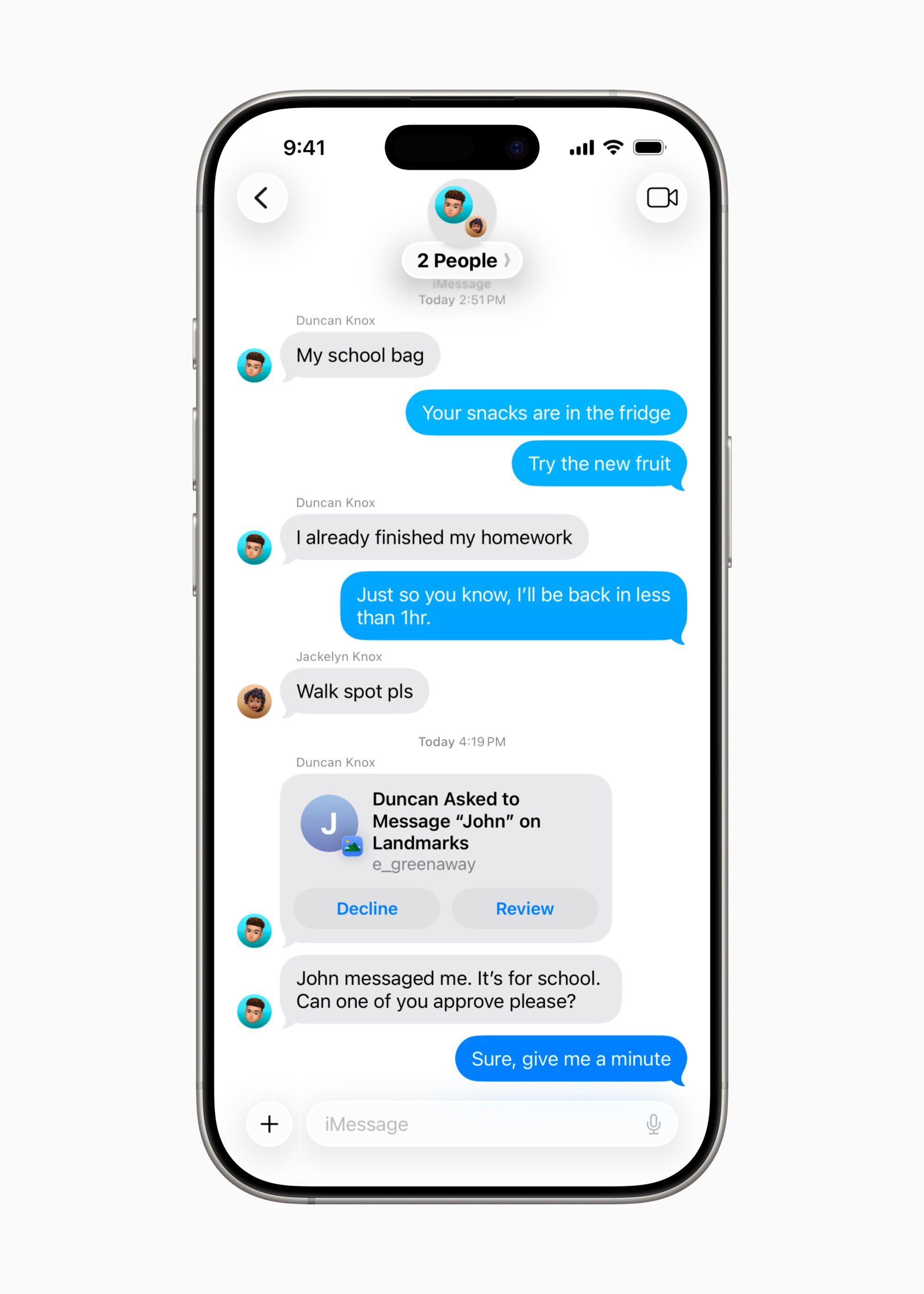 A phone with the Messages app showing beta features.