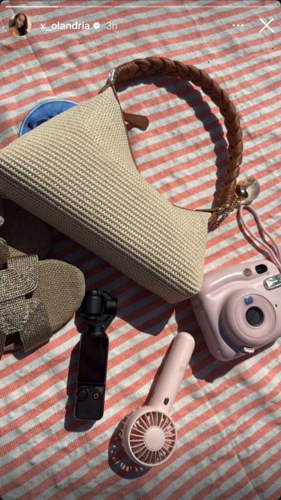 On the left, an overhead shot of a beach bag and its contents. On the right, Olandria Carthen holding a mini personal fan.