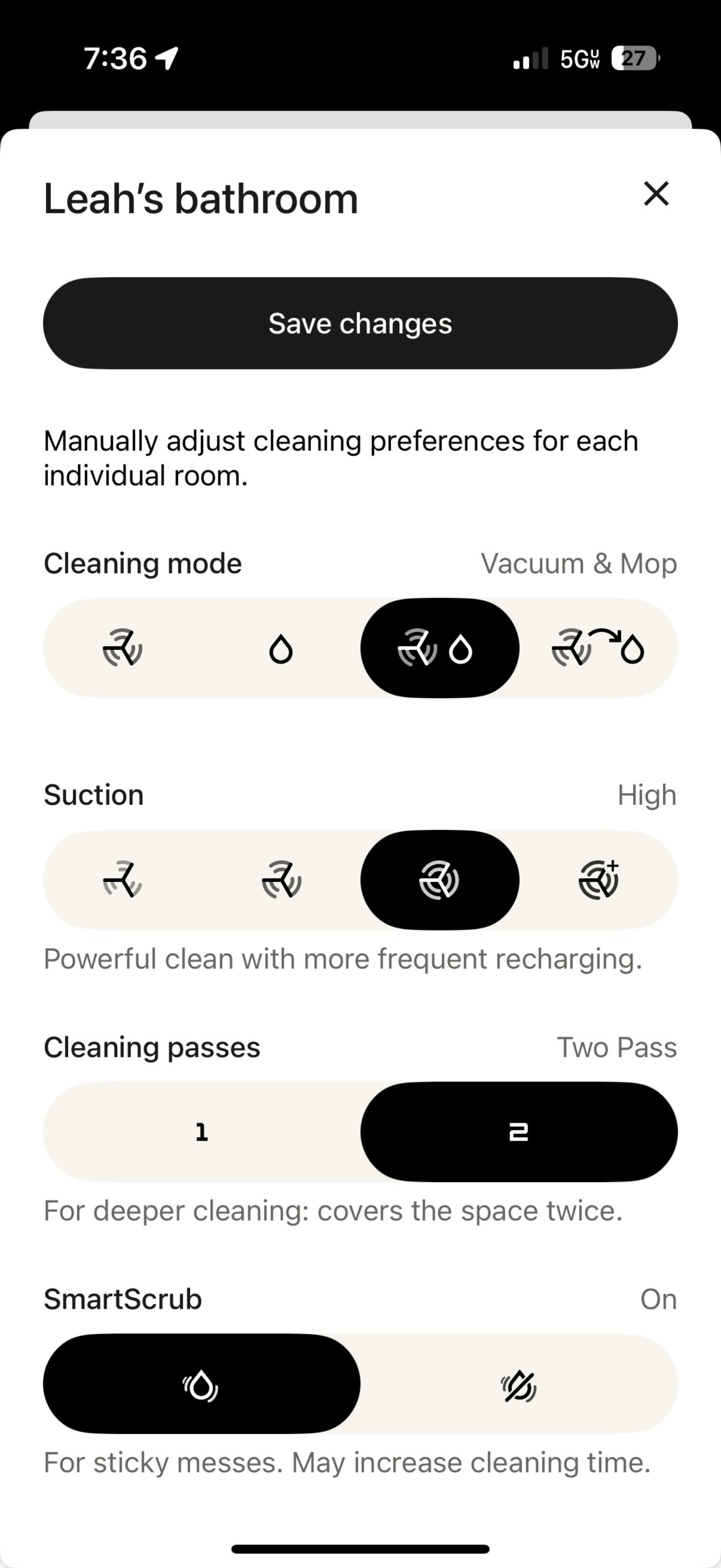 Screenshot of robot vacuum settings on Roomba Home app