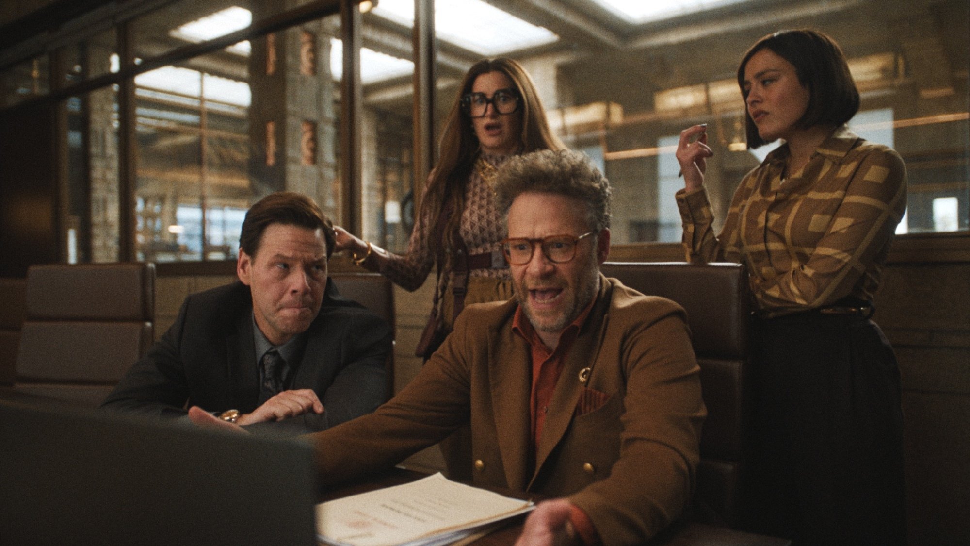 Ike Barinholtz, Kathryn Hahn, Chase Sui Wonders, and Seth Rogen in "The Studio."