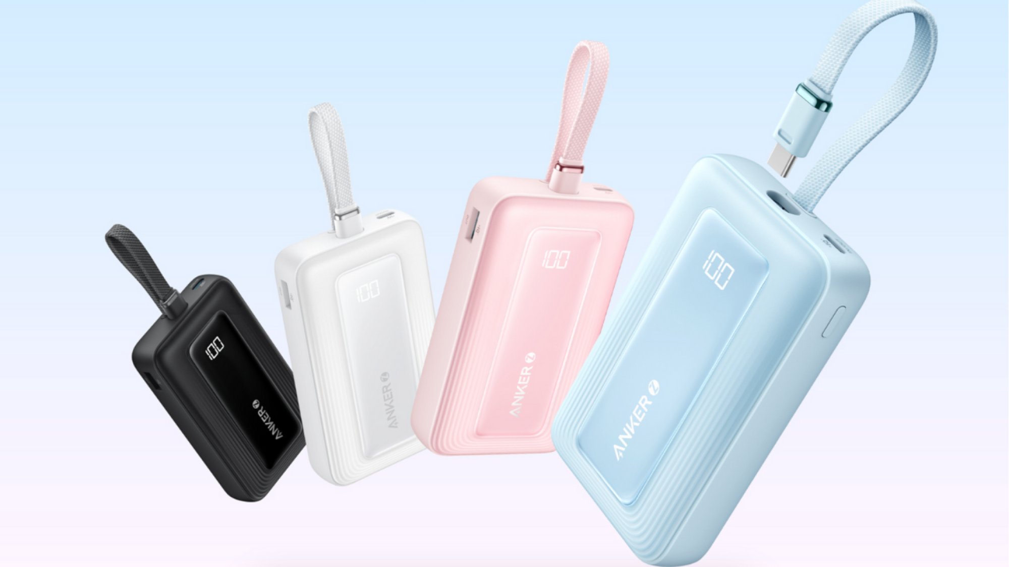 black, white, pink, and blue portable power banks