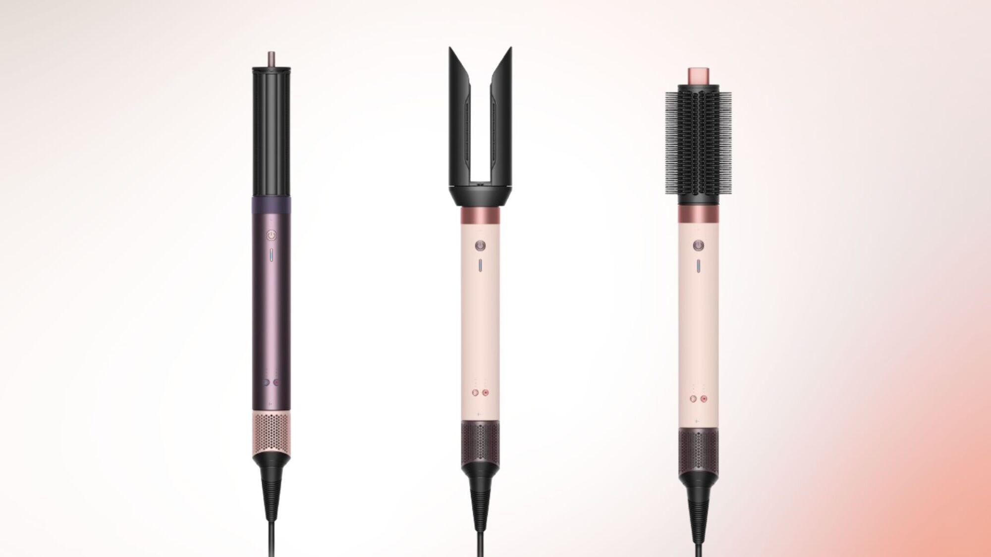 airwraps with curling, airsmooth, and round brush attachments on pink and white gradient background