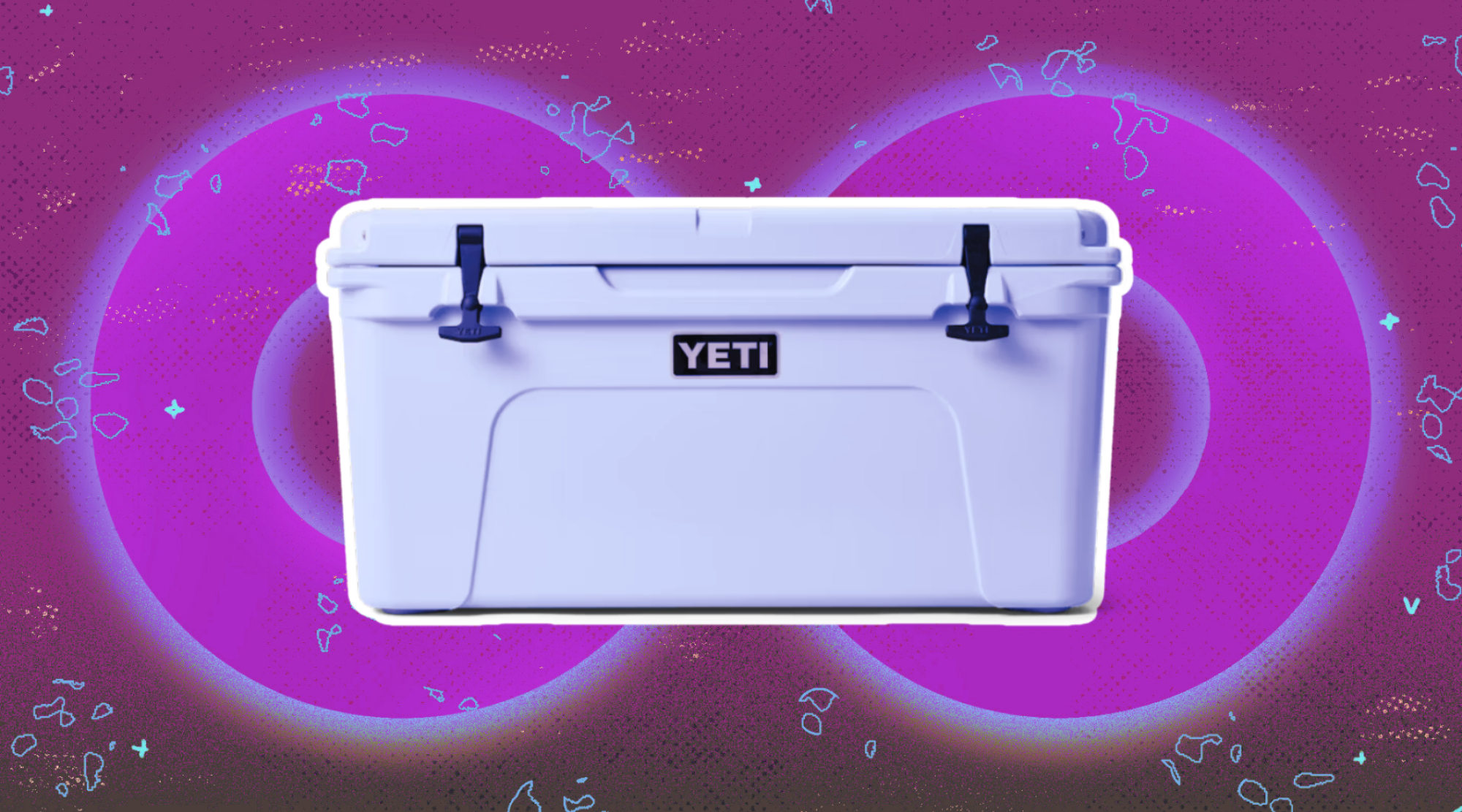 Yeti cooler arranged on purple backdrop featuring infinity symbol
