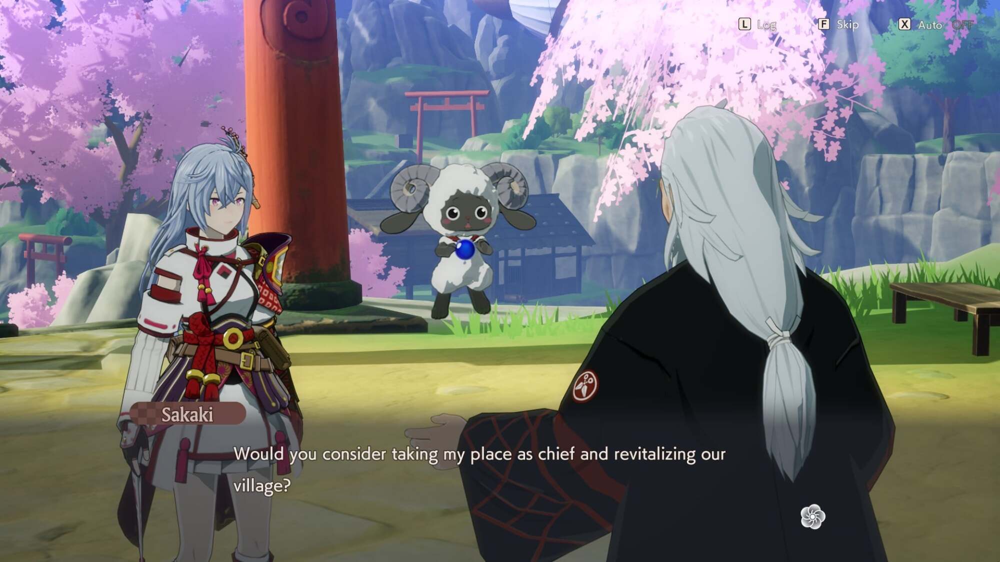 A screenshot from 'Rune Factory: Guardians of Azuma' showing Sakaki talking to the player character. He says, "Would you consider taking my place as chief adn revitalizing our village?"