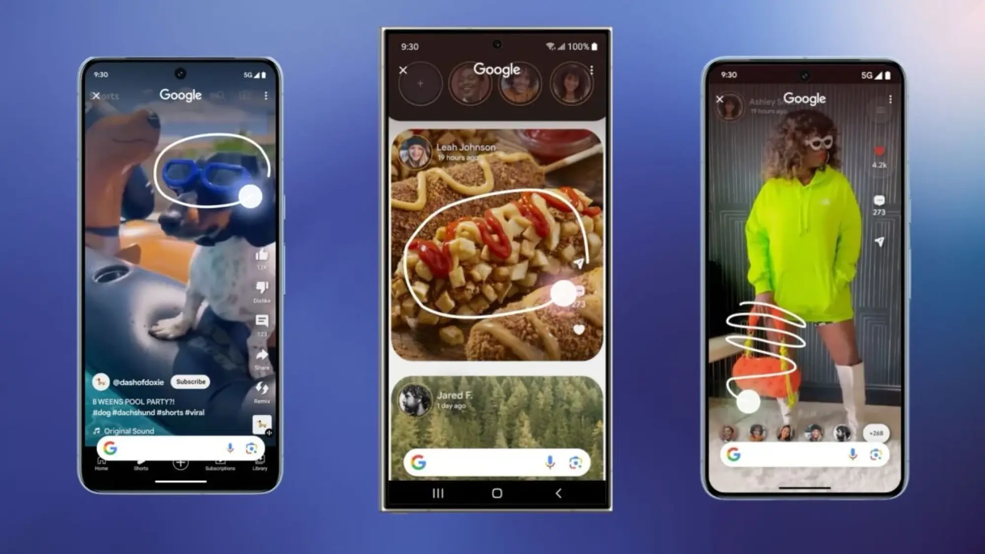 screenshots showing google's circle to search feature on android phones