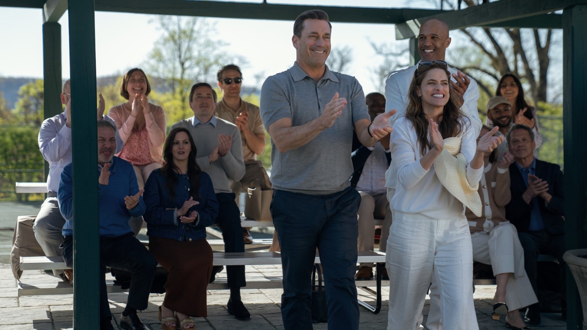 Jon Hamm, Amanda Peet and Mark Tallman in "Your Friends & Neighbours."