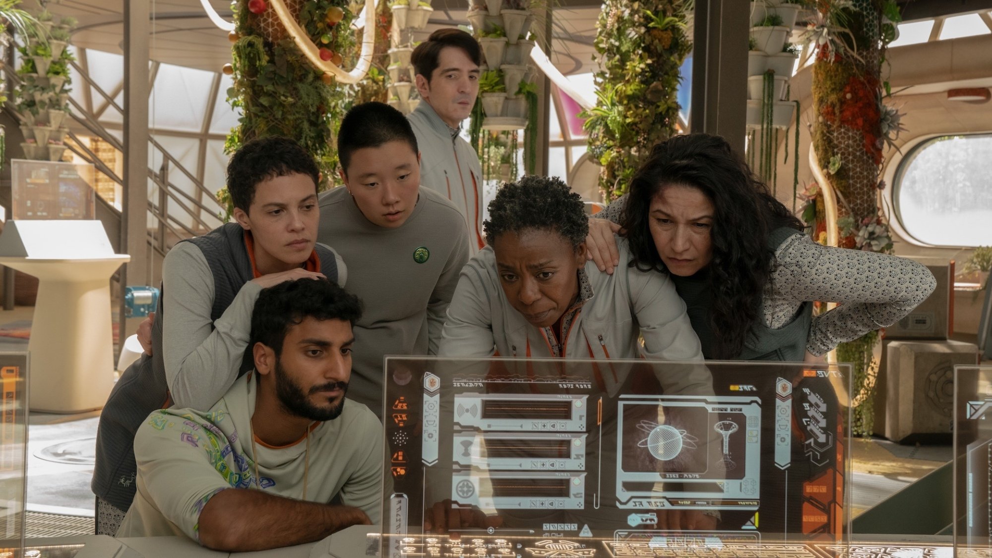 Akshay Khanna, Tattiawna Jones, Sabrina Wu, David Dastmalchian, Noma Dumezweni and Tamara Podemski in "Murderbot."