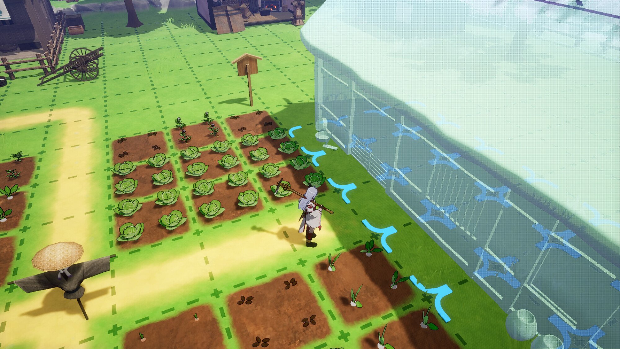 A screenshot from 'Rune Factory: Guardians of Azuma' showing the female player character placing a building next to some farming plots.
