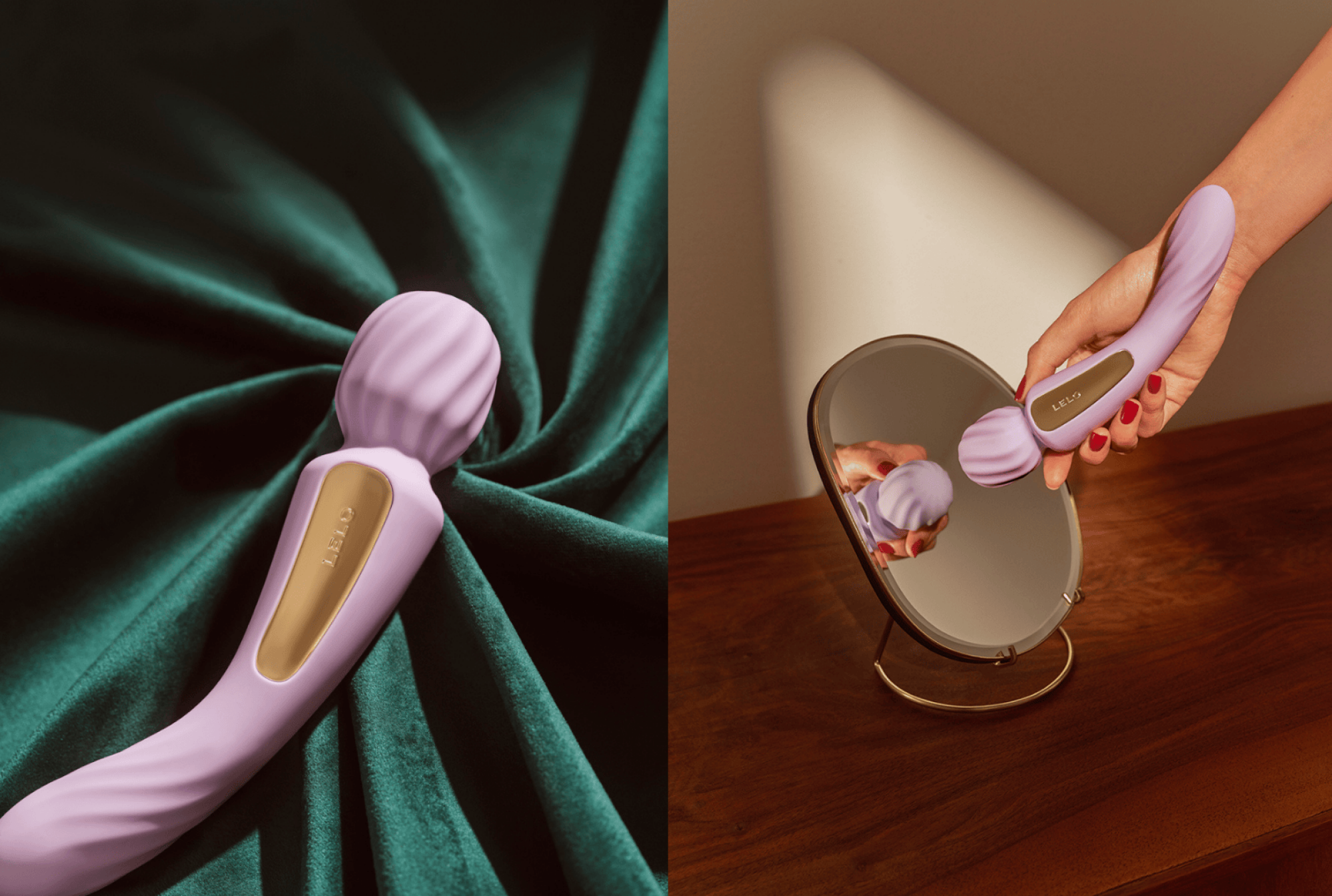 A two-panel image of the lilac LELO Switch vibrator. On the left, the toy rests on a dark green velvet cloth. On the right, a hand with red nails holds the vibrator up to a tabletop mirror, showing its reflection.