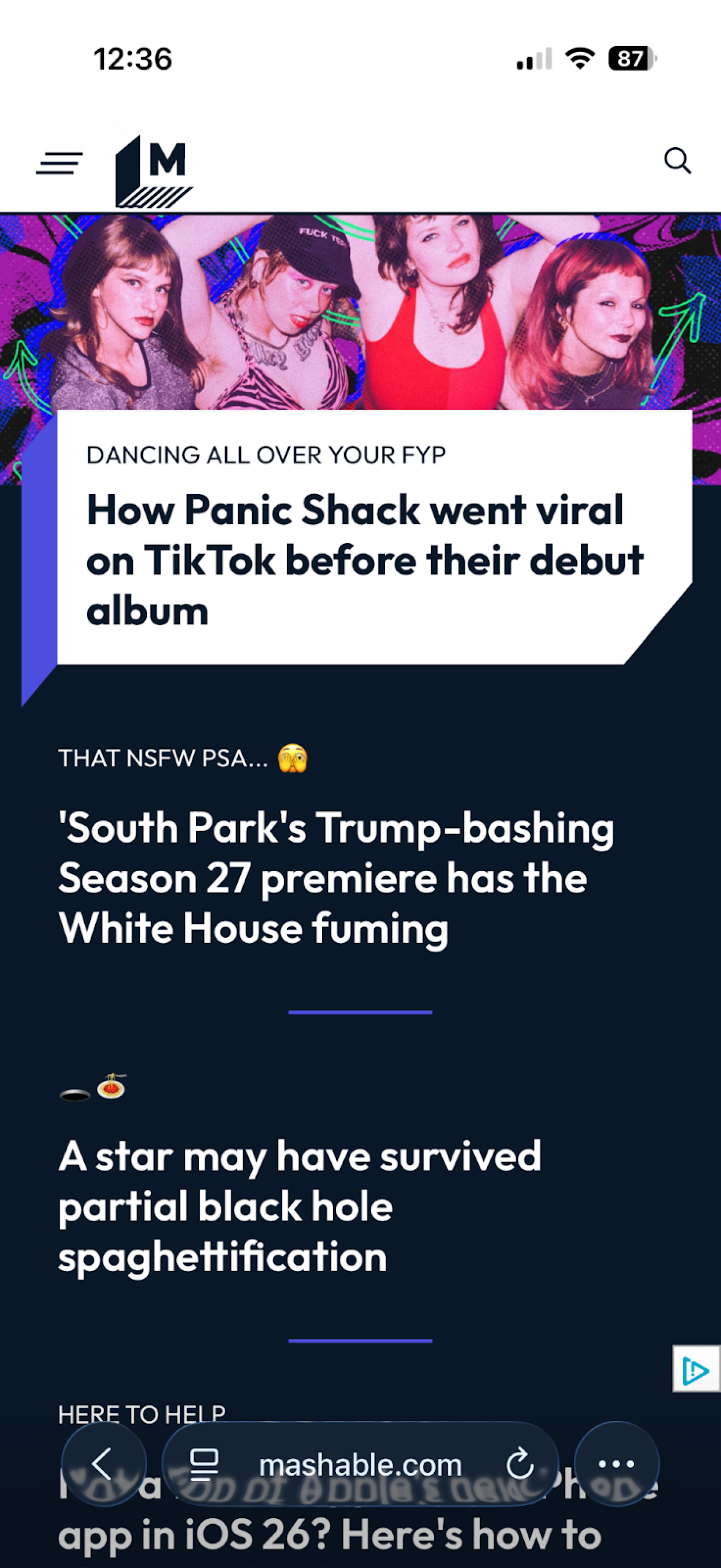 mashable homepage as seen in ios 26 beta on iphone
