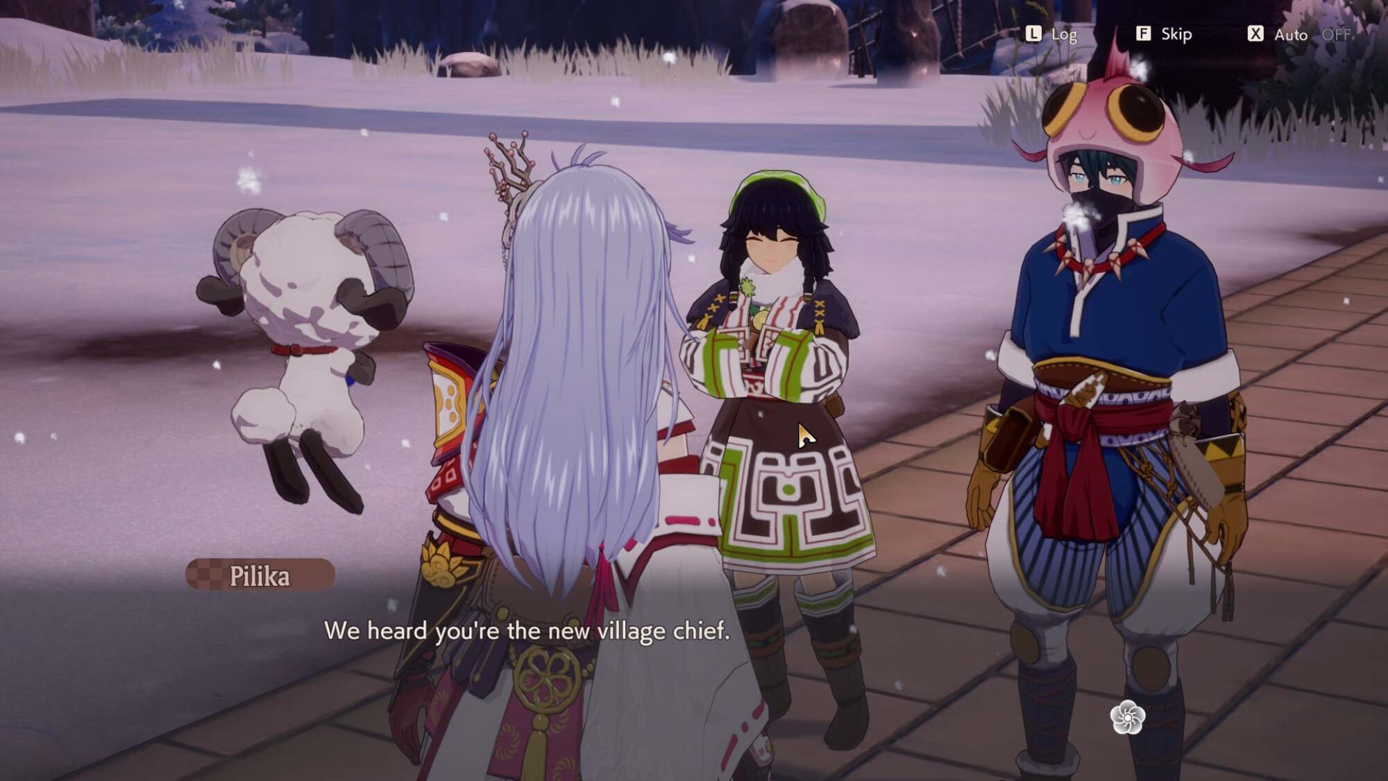A screenshot from 'Rune Factory: Guardians of Azuma' showing two characters speaking to the female player character. Pilika says, "We heard you're the new village chief."