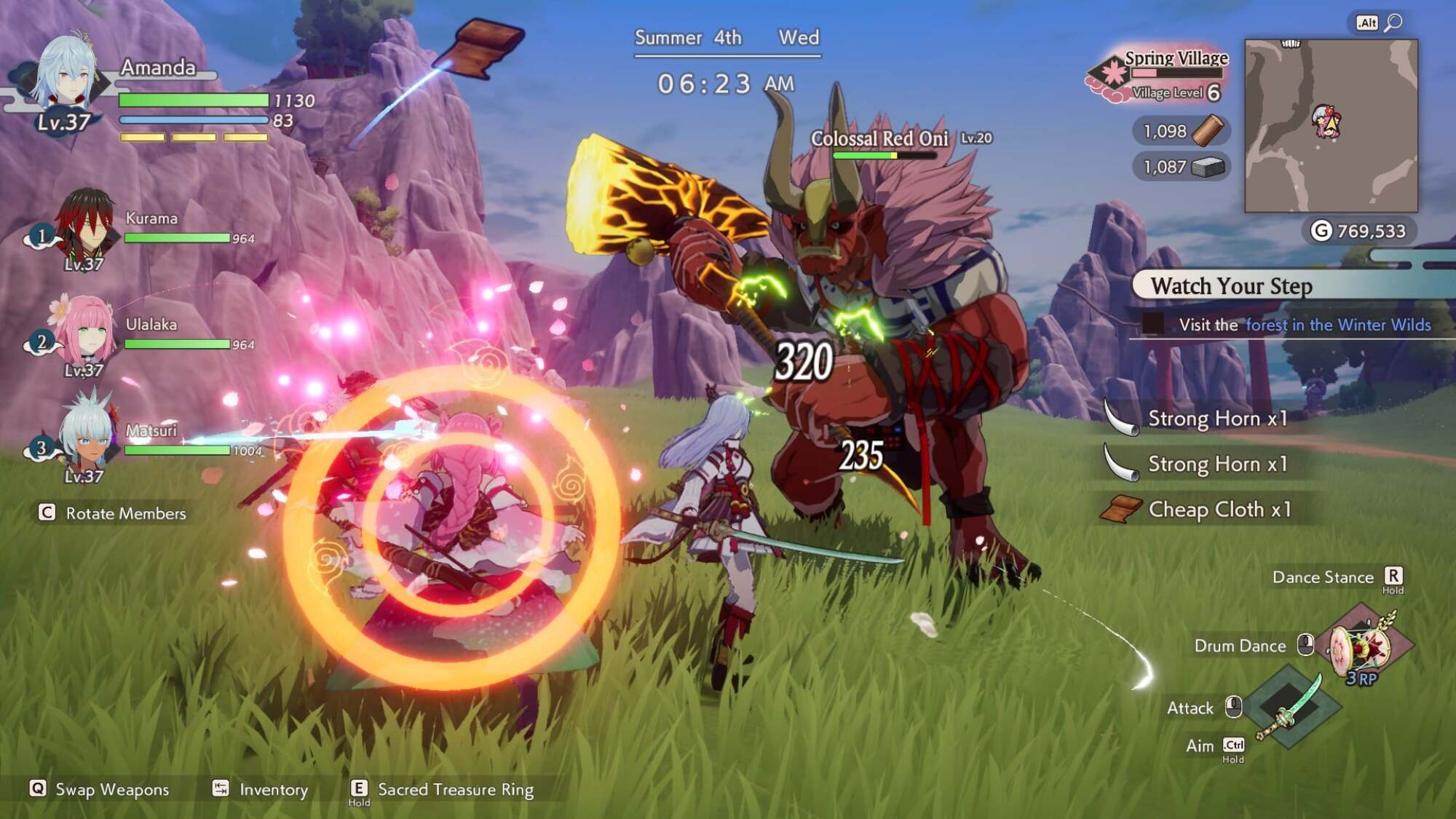 A screenshot from 'Rune Factory: Guardians of Azuma' showing the female player character and her party fighting a Colossal Red Oni.