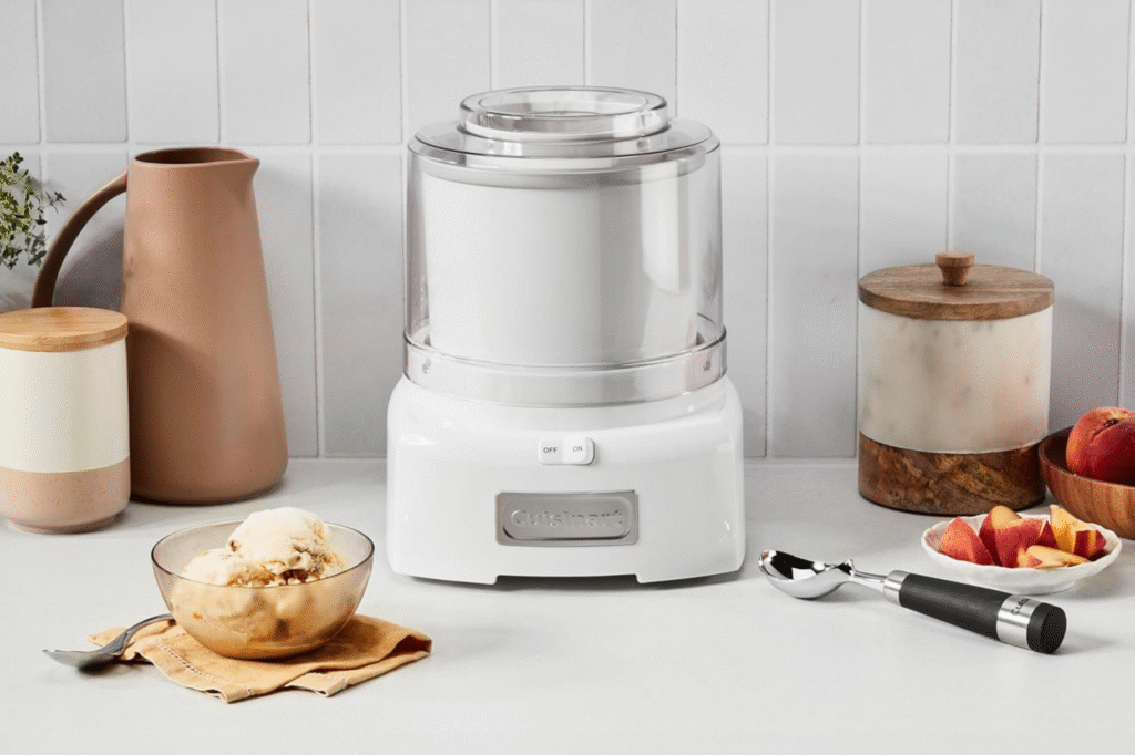 Cuisinart, Ninja, and Dash ice cream makers arranged on green and pink backdrop