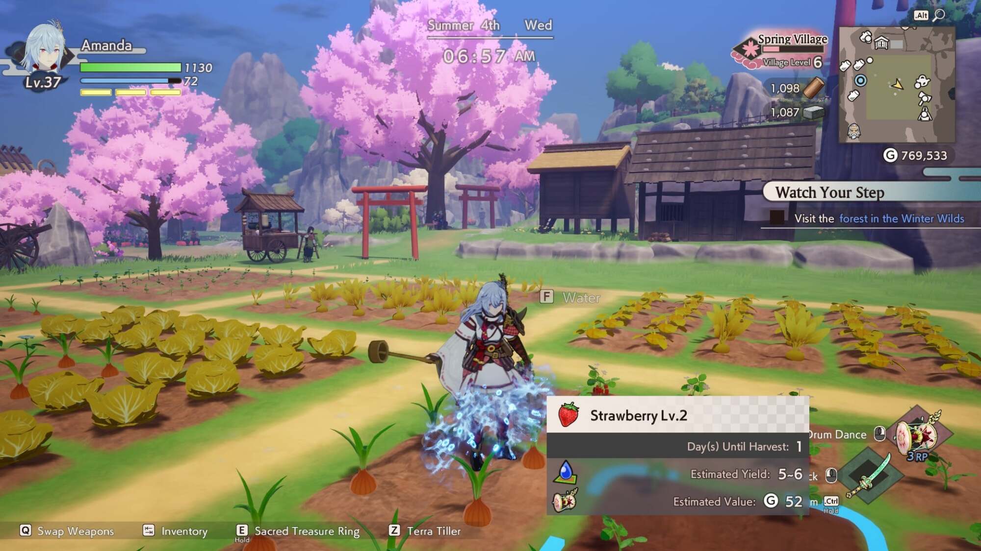 A screenshot from 'Rune Factory: Guardians of Azuma' showing the female player character watering strawberries.