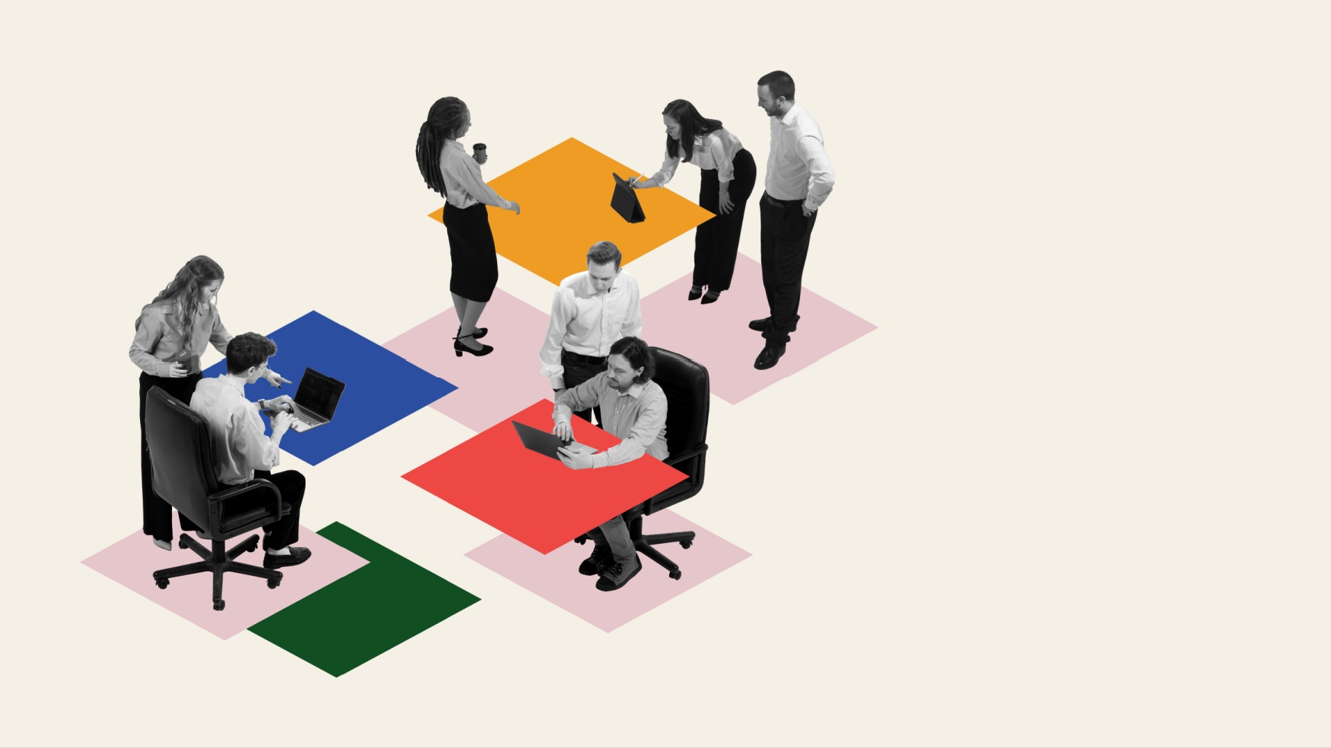 Employees sitting at different tables, cooperating with each other