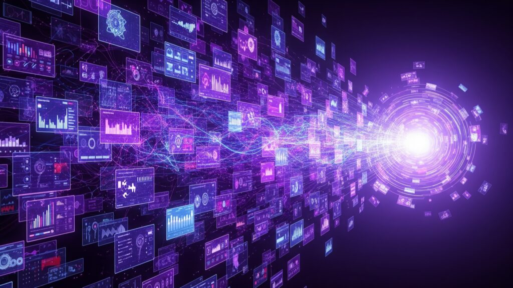 lmage representing marketing orchestration in the AI era: dozens of scattered digital screens, tools, and data streams swirling in chaotic motion