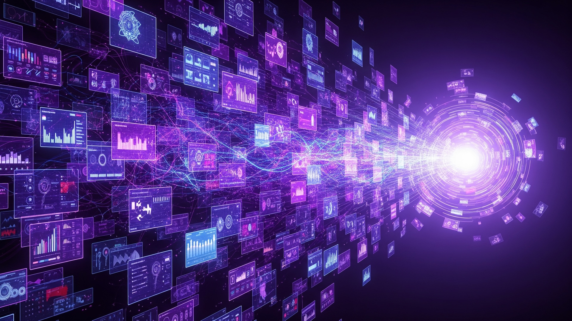 lmage representing marketing orchestration in the AI era: dozens of scattered digital screens, tools, and data streams swirling in chaotic motion