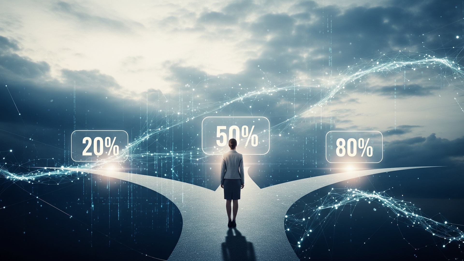 A conceptual image of a woman standing at a branching path under shifting skies, each path labeled with floating probability percentages