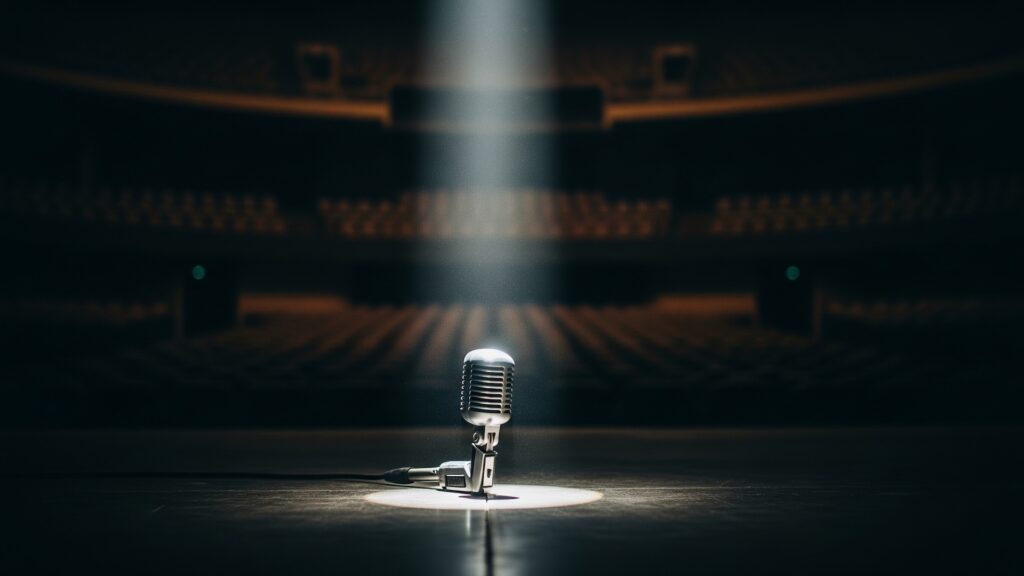 A single microphone on a dimly lit stage, spotlight cutting through shadows.