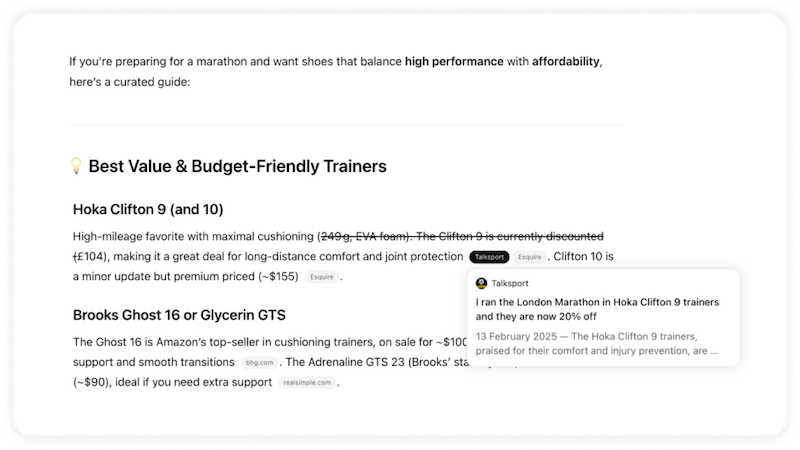 A screenshot of a blog post titled "Best Value & Budget-Friendly Trainers" with two sections about different running shoes.