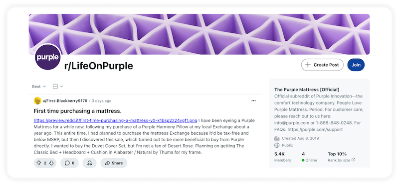 A screenshot of the Reddit community r/LifeOnPurple, featuring a post about a first-time mattress purchase.