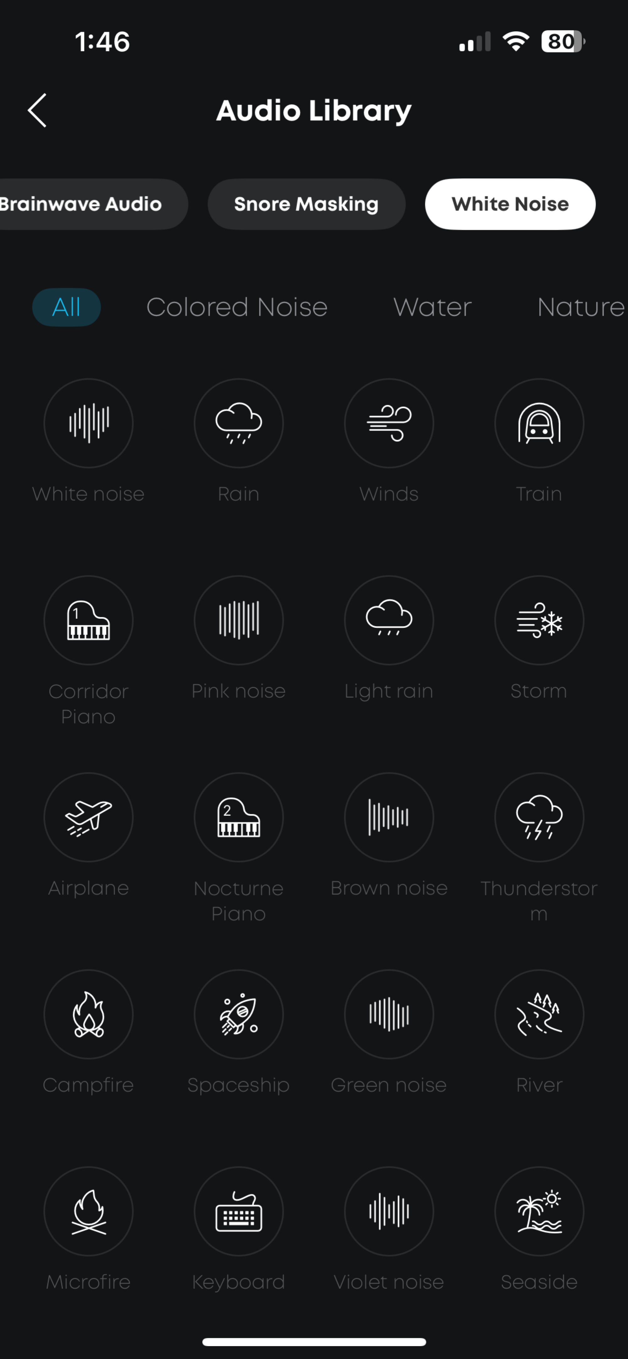 White noise page on soundcore app