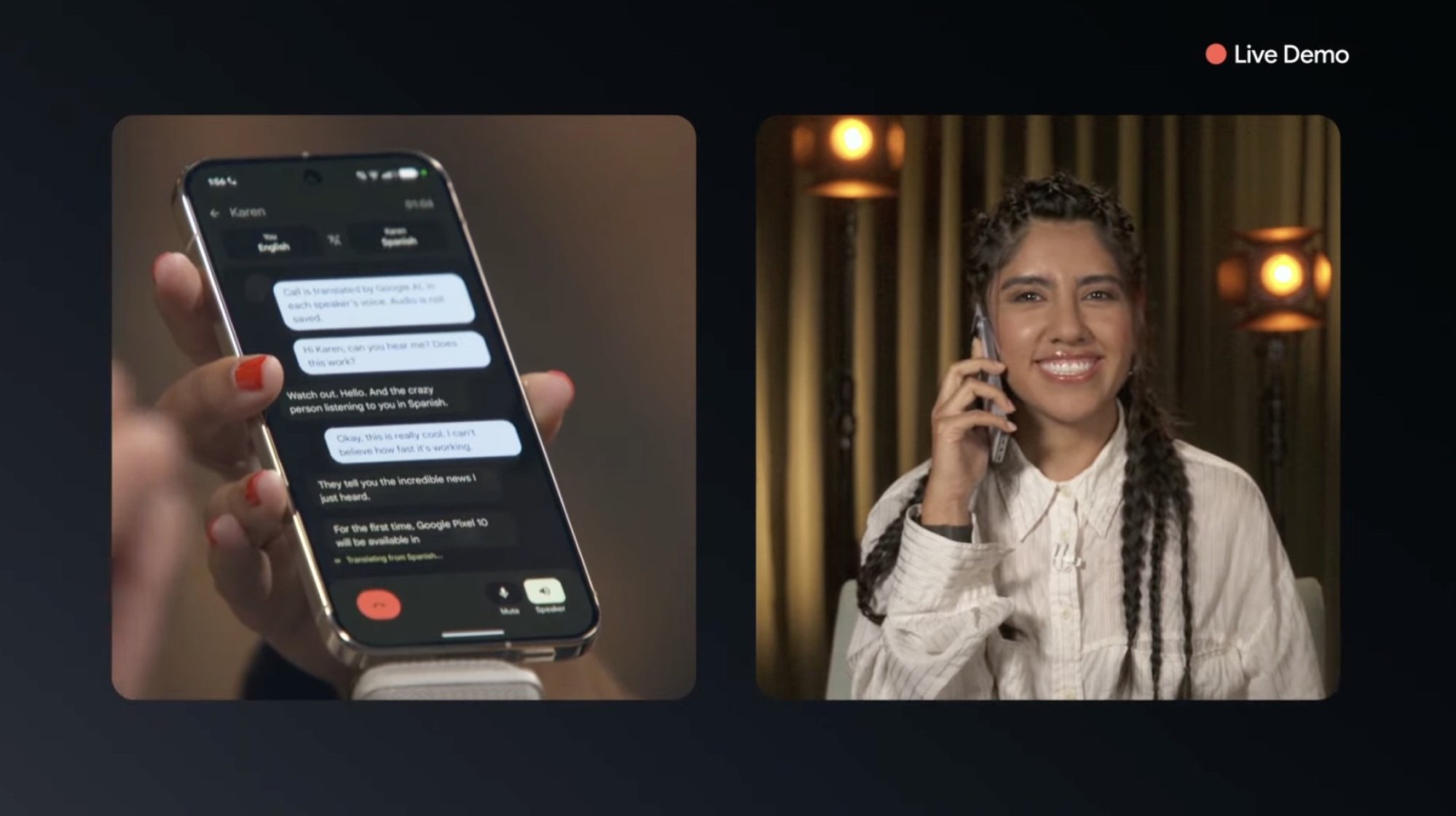 side by side images of a google pixel 10 showing a translated message and karen polinesia smiling while holding the phone up to her ear