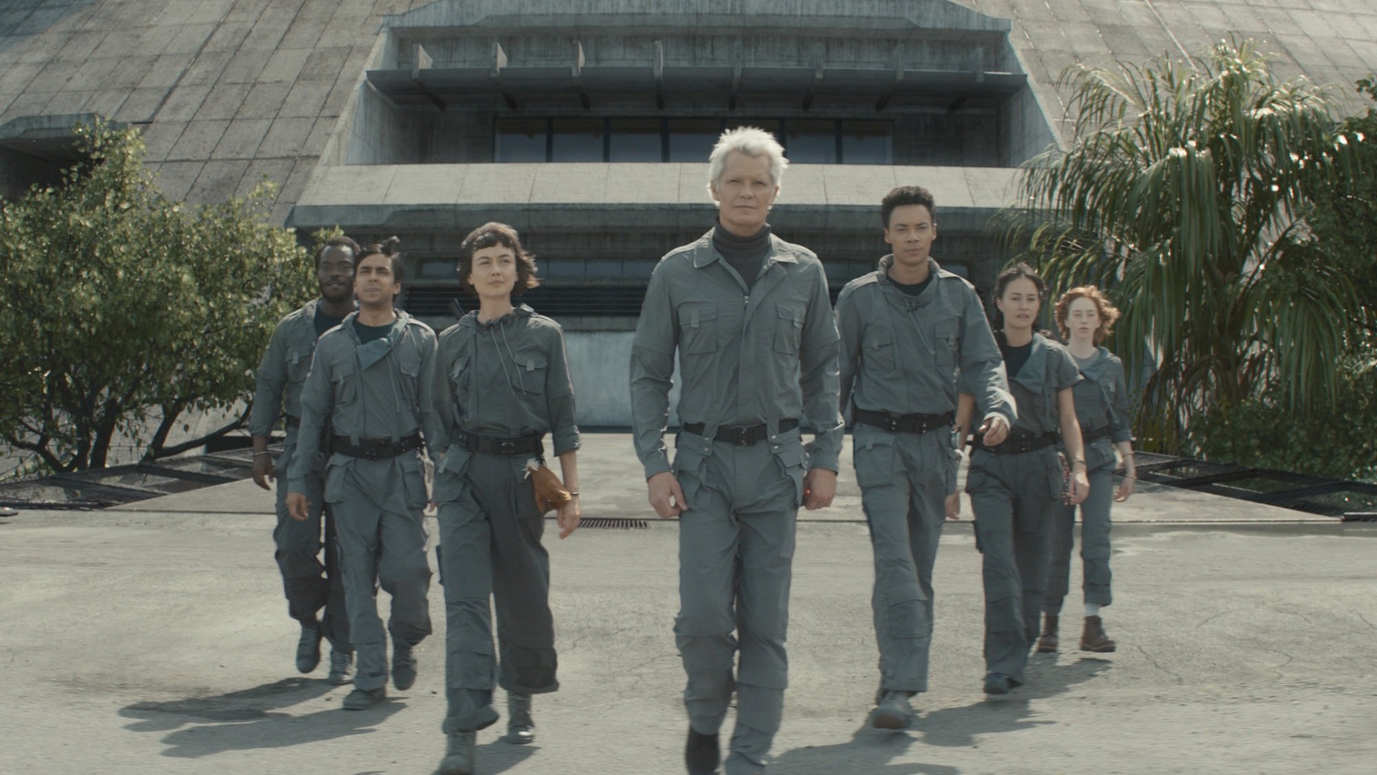 Jonathan Ajayi, Adarsh Gourav, Sydney Chandler, Timothy Olyphant, Kit Youn, Erana James, and Lily Newmark in "Alien: Earth."