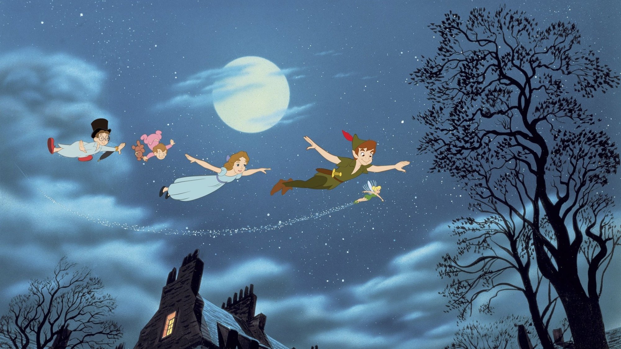 A still from the 1953 Disney film "Peter Pan" showing the characters flying.