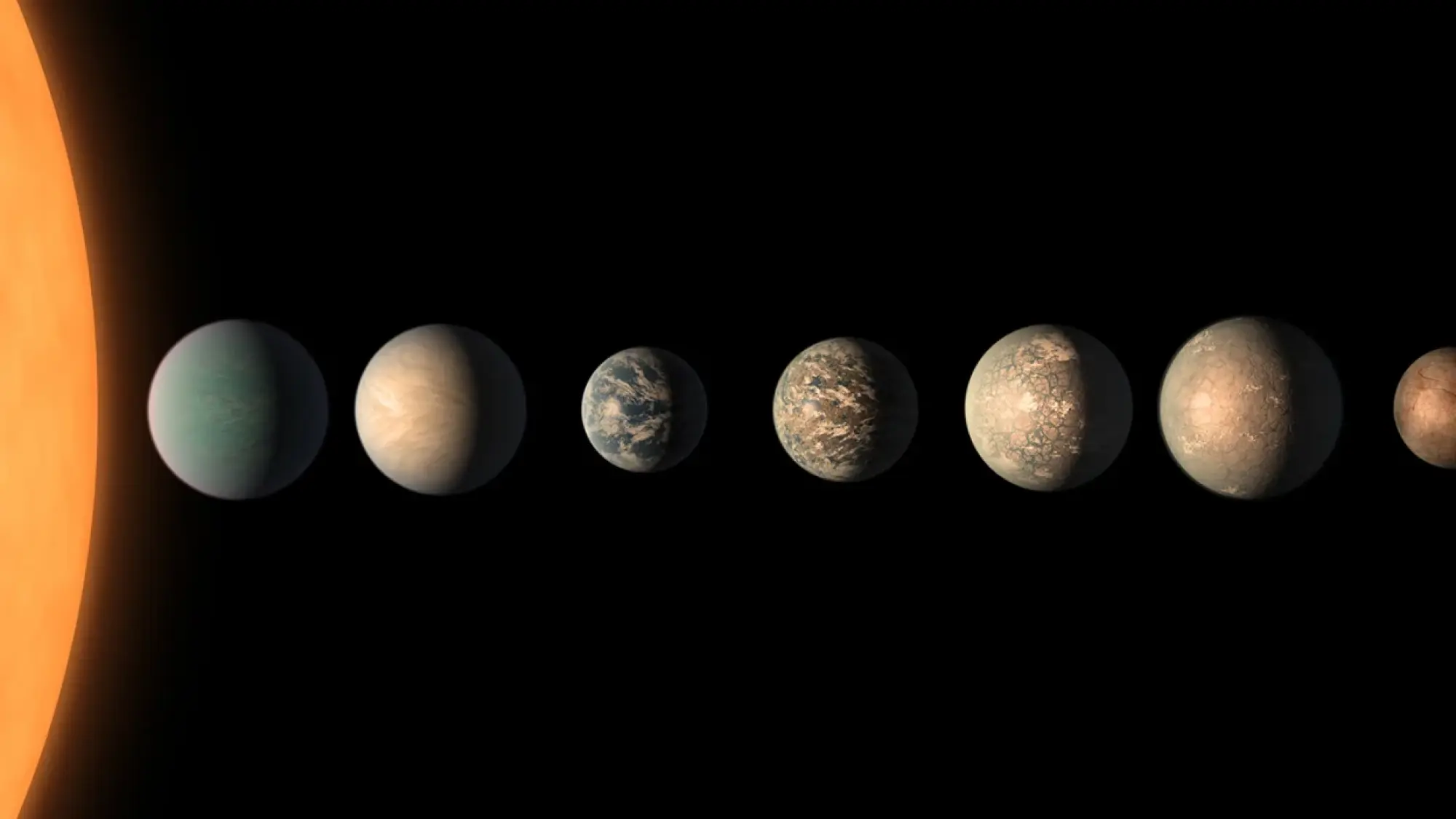 An artist's rendering of the TRAPPIST-1 star system with seven rocky worlds