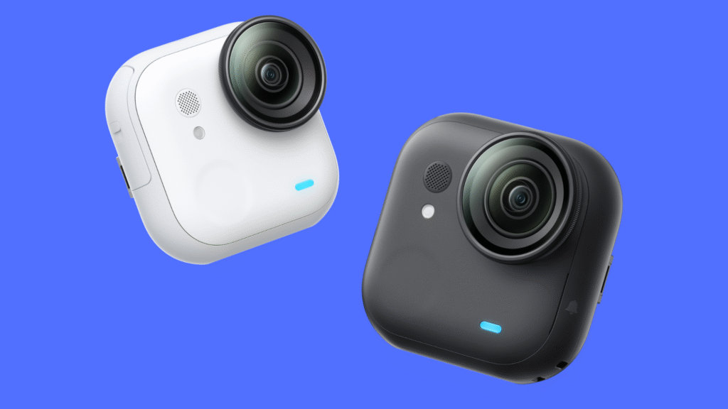 A white Insta360 GO Ultra attached to a cap being worn by a young child.