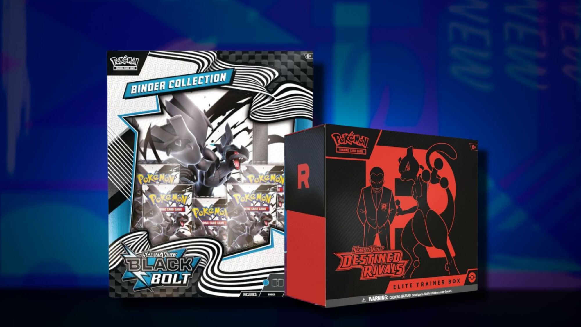 Black Bolt Binder Collection and Destined Rivals ETB on a blue patterned background